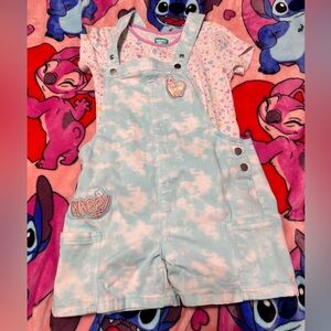 Girls size 8 Light Blue Overalls jumper shorts with Heart and Happy Patches